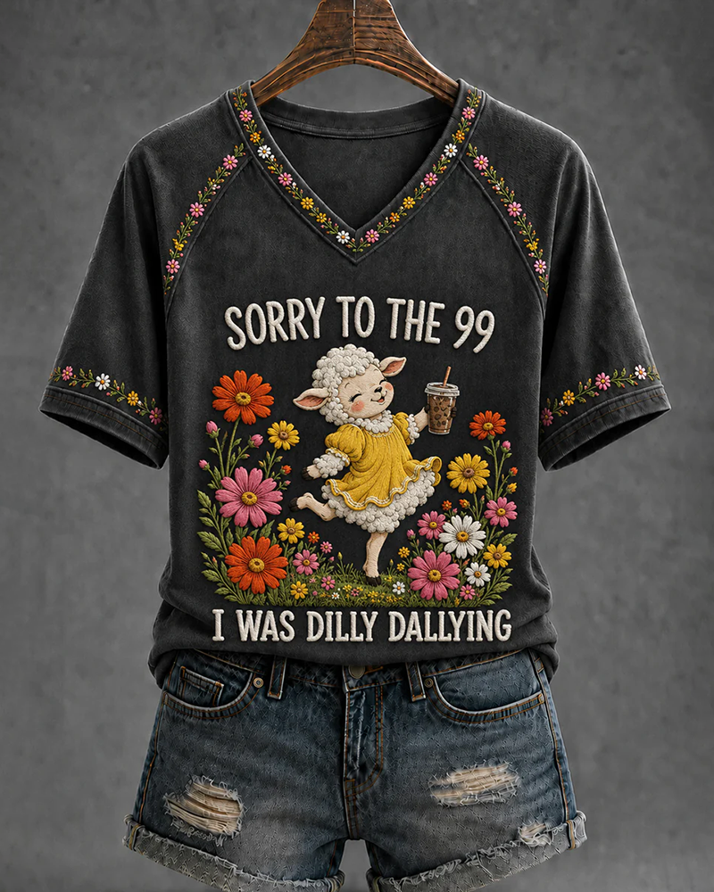Fun Lamb I Was Dilly Dallying Printed V-neck Short Sleeve Tshirt