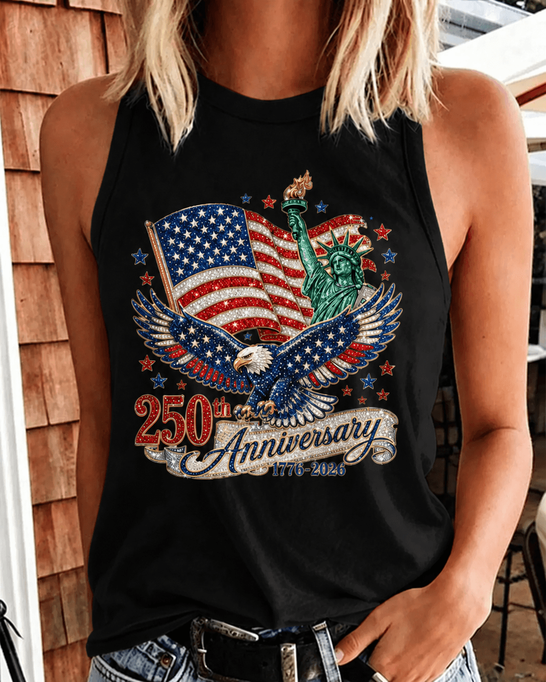 Statue of Liberty 250th Anniversary Print Round Neck Sleeveless Vest