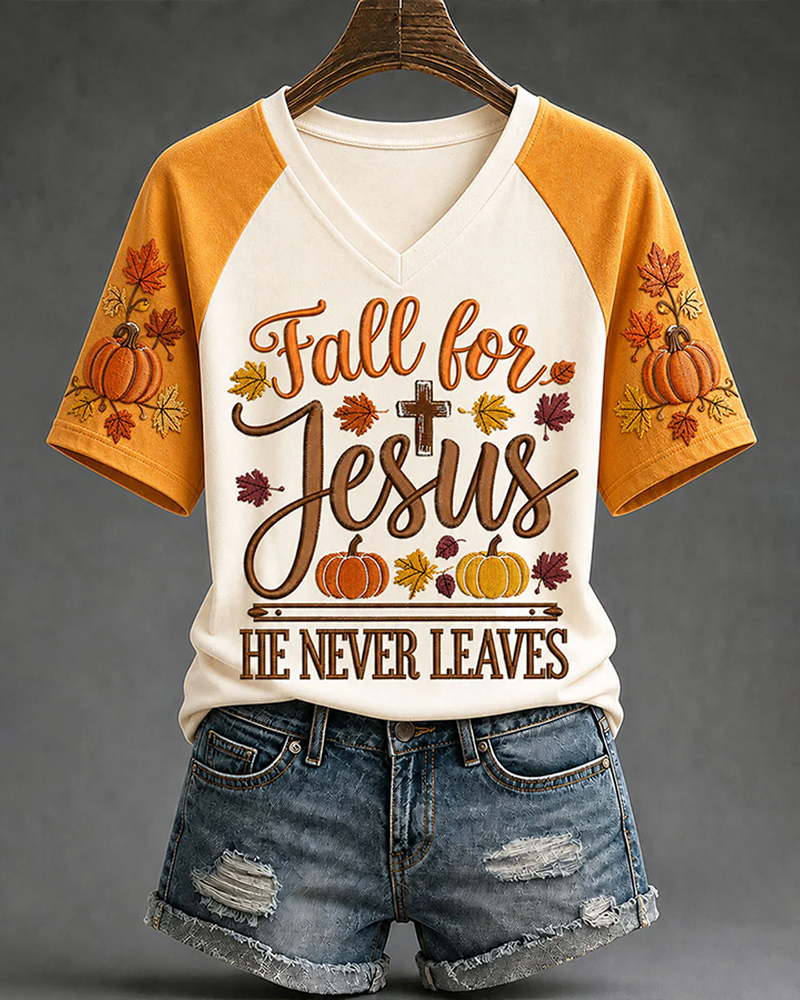 Women's Fall For Jesus Cross Pumpkin Printed V-neck Short Sleeve Tshirt