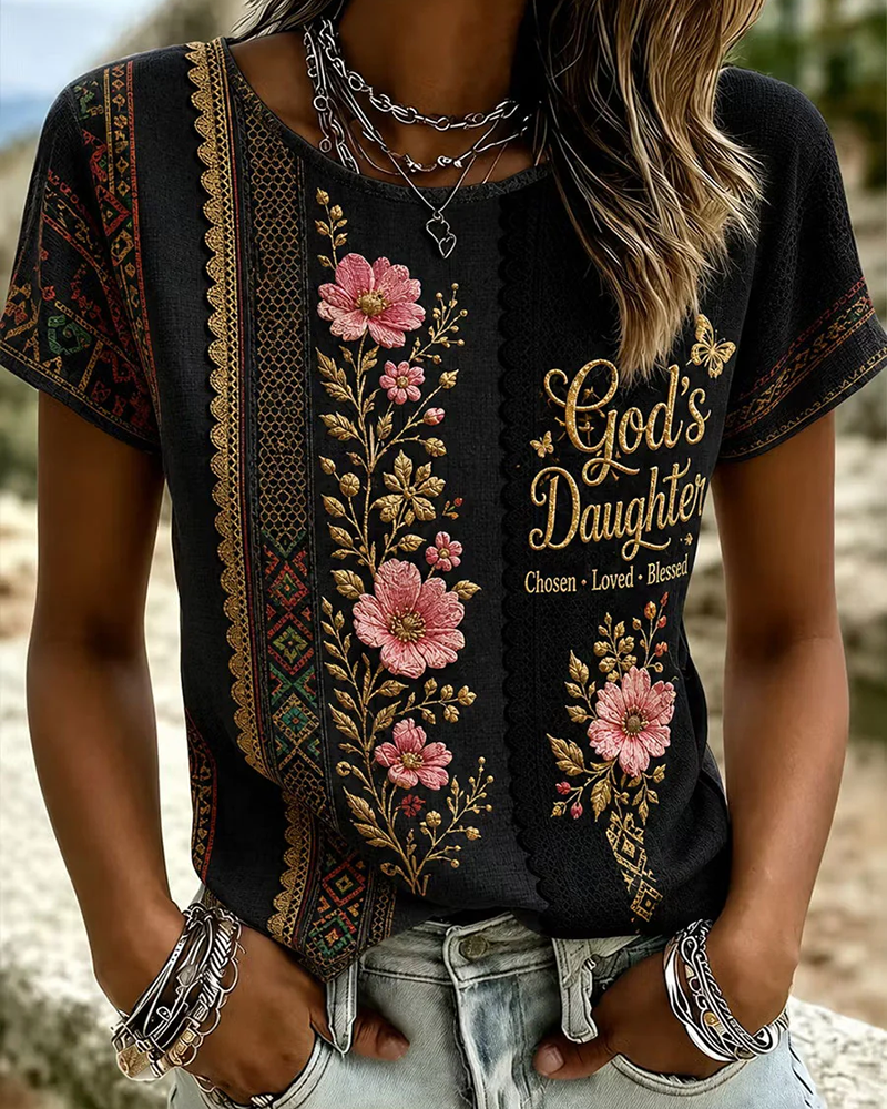 Lace Flowers God's Daughter Print Crew Neck Short Sleeve Tshirt