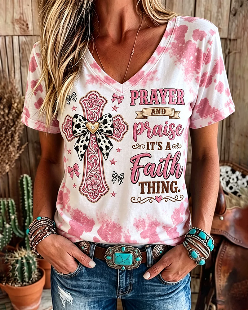 Prayer and Praise It's A Faith Thing Printed V-neck Short Sleeve Tshirt
