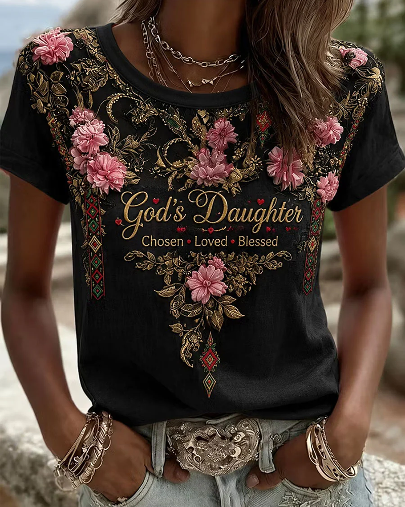 God's Daughter Print Crew Neck Short Sleeve Tshirt