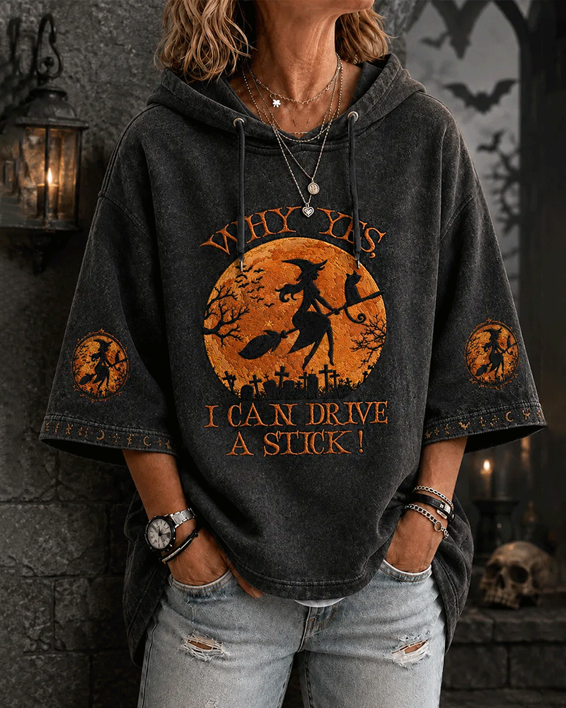 Women's Halloween Actually I Can Drive A Stick Witch Printed Loose Hooded Hoodie