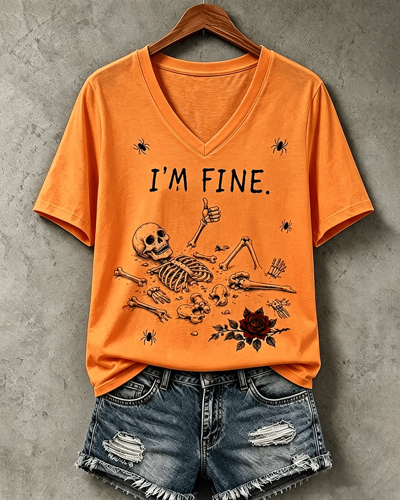 Women's Halloween I'm Fine Print V Neck T-Shirt