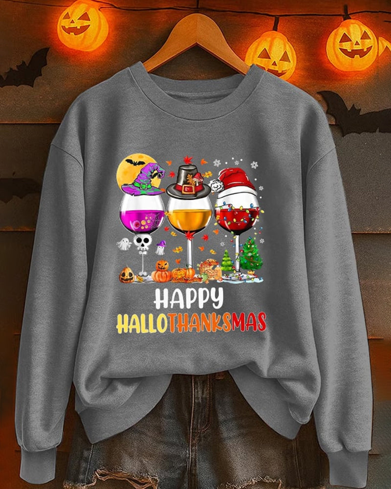 Women's Happy Hallothanksmas Wine Print Casual Sweatshirt