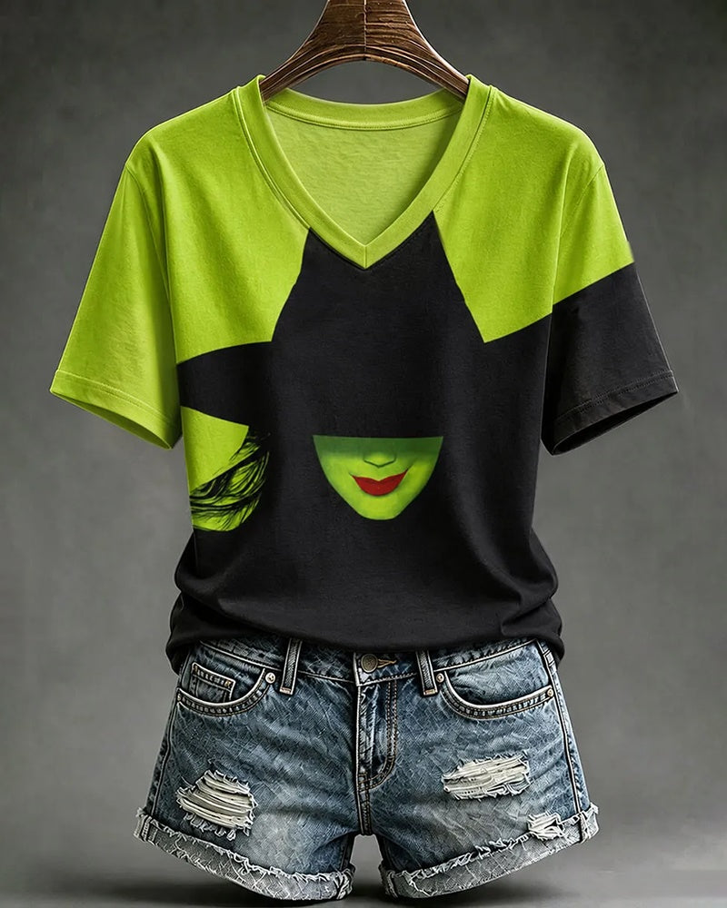 Women's Halloween Cartoon Witch Color Clash V-neck Short Sleeve T-Shirt