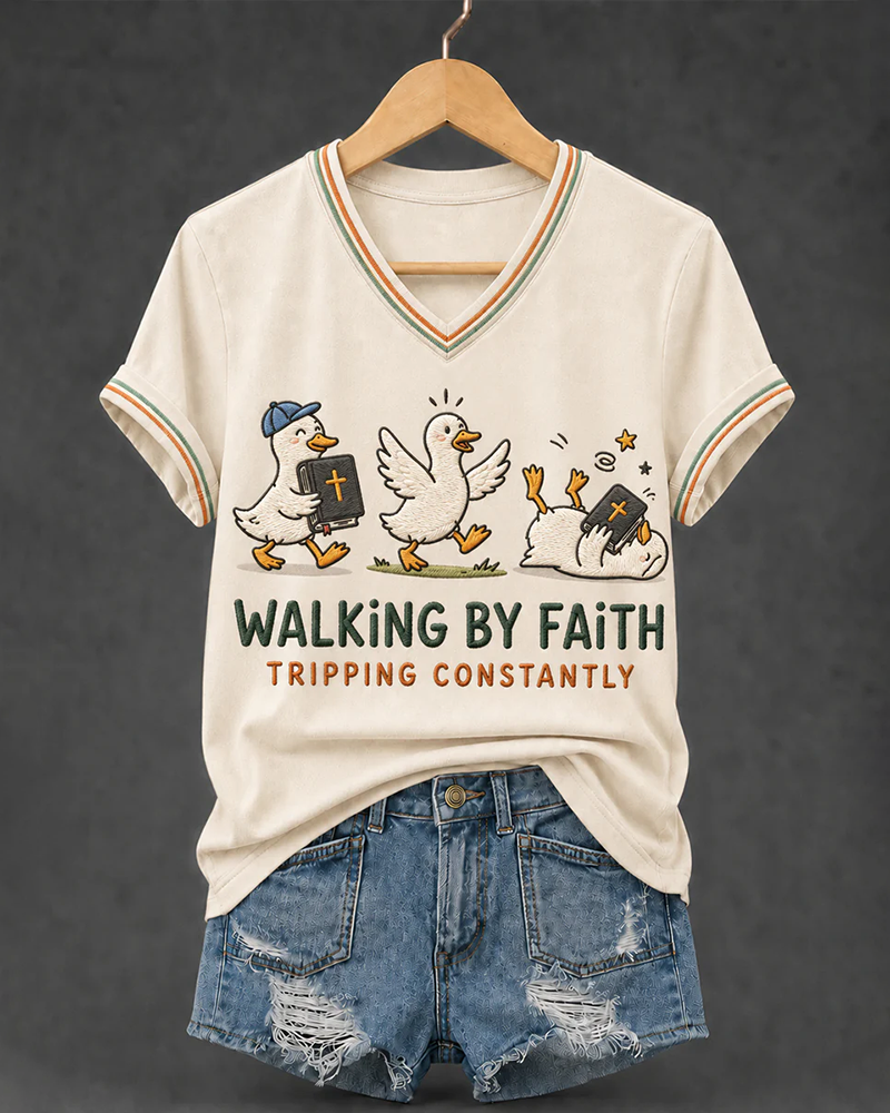 Women's Walking by Faith Tripping Constantly Goose Print V-neck Short Sleeve Tshirt
