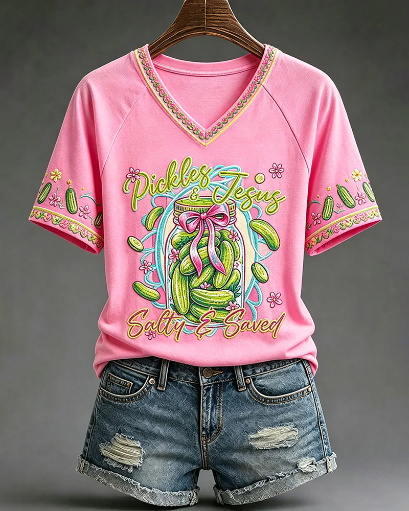 Women's "Pickles & Jesus, Salty & Saved" Christian V-neck Short Sleeve Tshirt