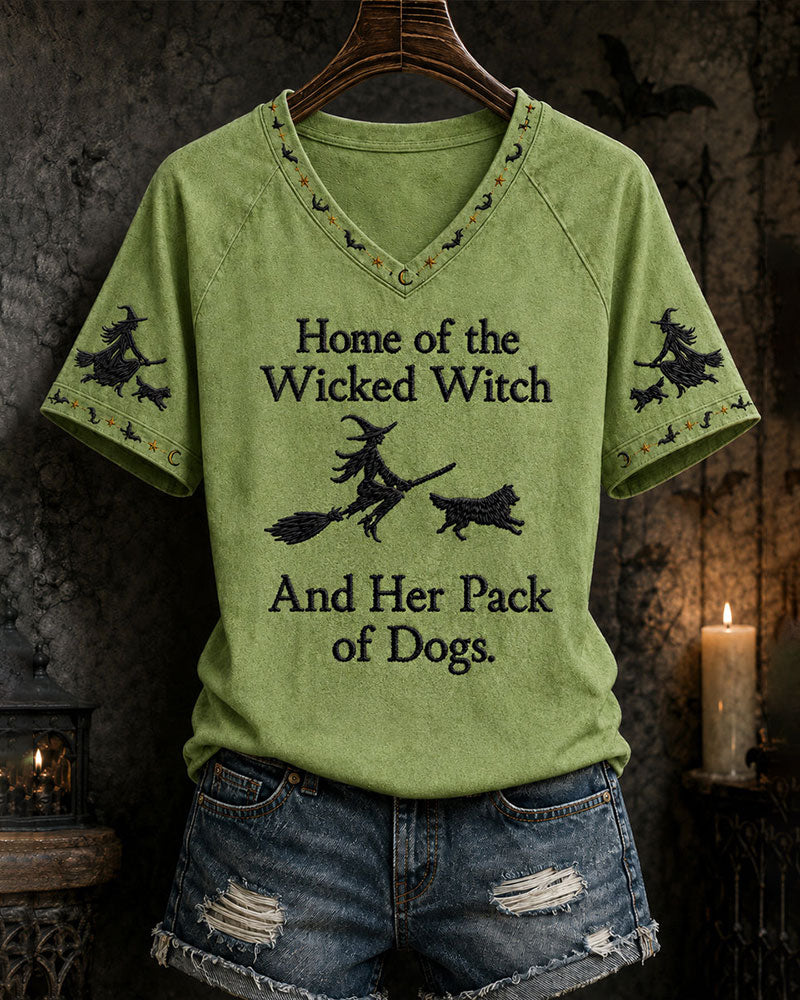 Women's Funny Halloween Home Of The Wicked Witch And Her Pack Of Dogs Print Casual V-Neck Tee