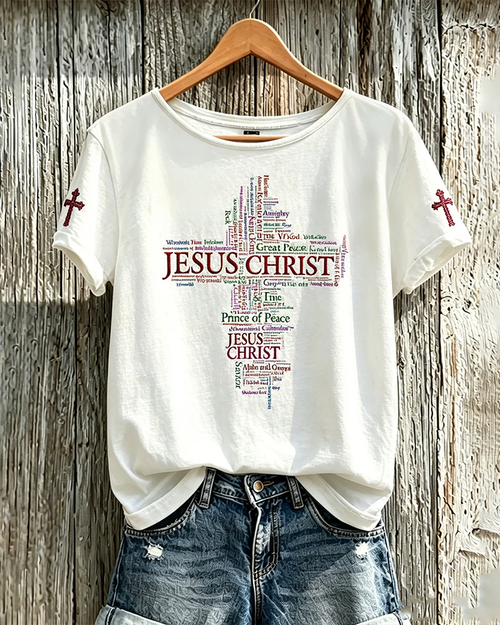 100% Cotton Christian Cross Letter Print Crew Neck Short Sleeve Tshirt