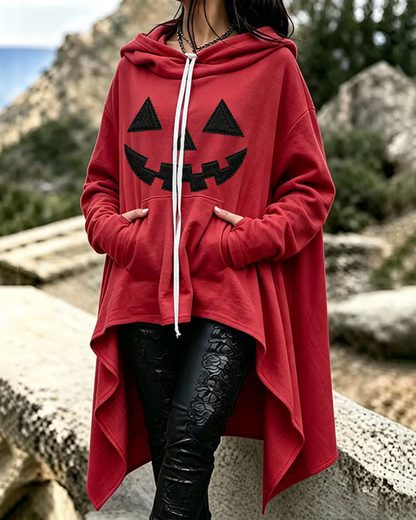 Women's Halloween Pumpkin Devil Print Loose Irregular Hoodie