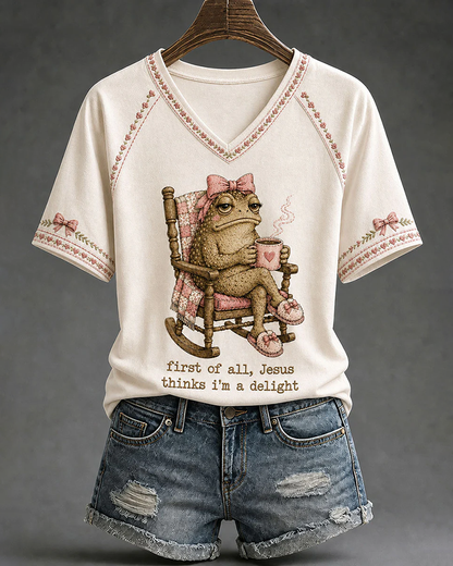Women's 'Jesus Thinks I'm A Delight' Printed V-neck Short Sleeve Tshirt