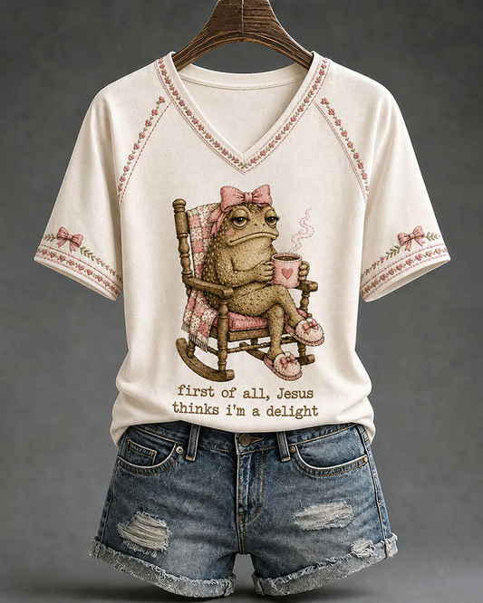 Women's 'Jesus Thinks I'm A Delight' Printed V-neck Short Sleeve Tshirt