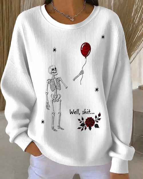Women's Halloween Fun Skull Balloon Prints Knitted Ribbed Elastic Sweatshirt