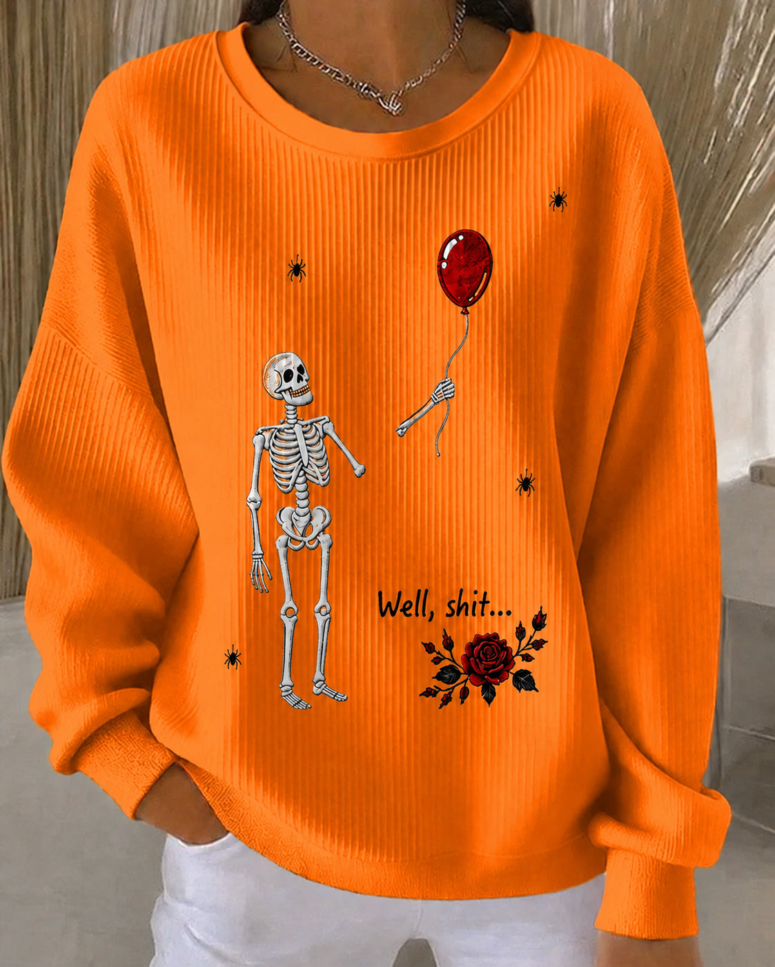 Women's Halloween Fun Skull Balloon Prints Knitted Ribbed Elastic Sweatshirt