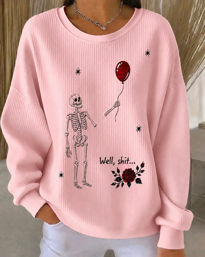 Women's Halloween Fun Skull Balloon Prints Knitted Ribbed Elastic Sweatshirt