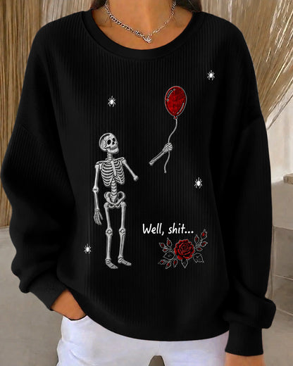 Women's Halloween Fun Skull Balloon Prints Knitted Ribbed Elastic Sweatshirt
