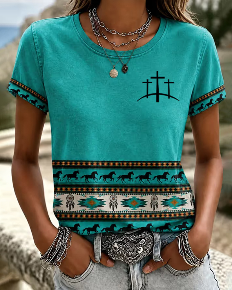 Western-style Cross Print Crew Neck Short Sleeve Tshirt