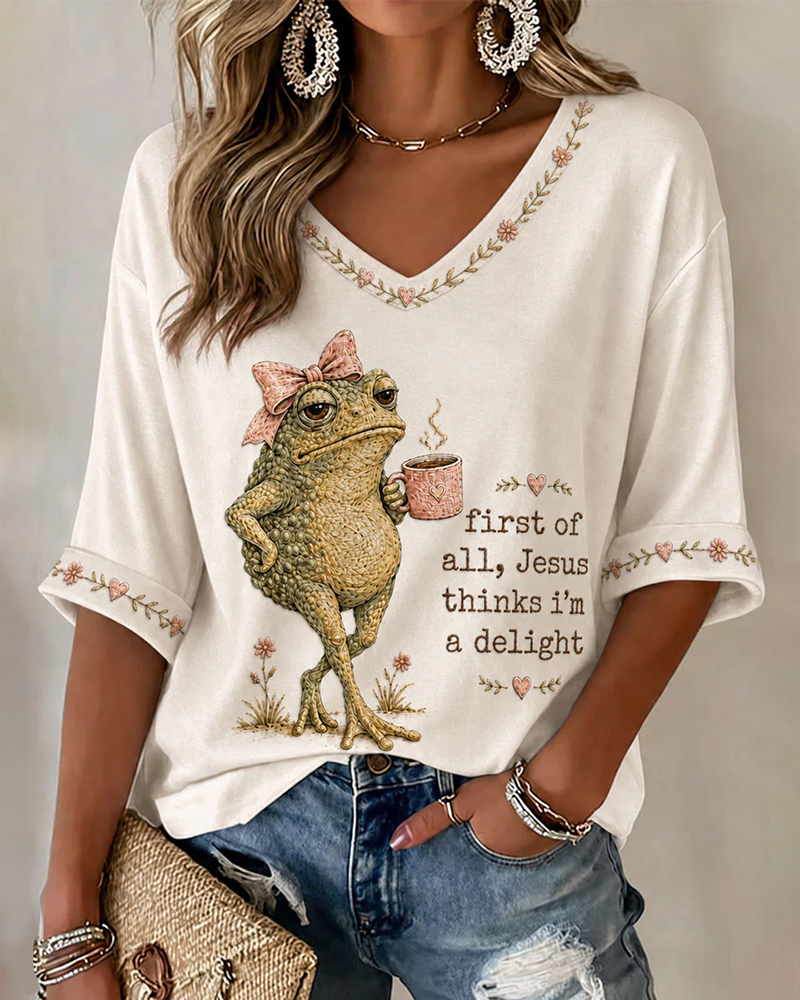 Jesus Thinks I'm A Delight Print V-neck Loose T-shirt