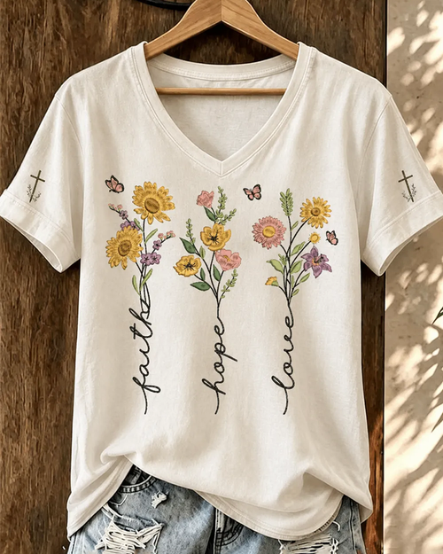 100% Cotton Bohemian Faith Flowers V Neck Short Sleeve Tshirt