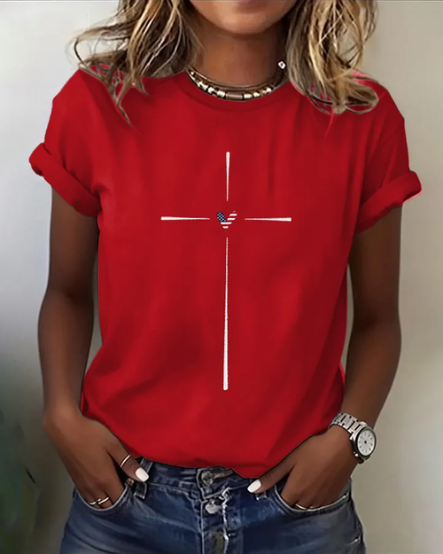 100% Cotton Simple Cross Heart Crew Neck Short Sleeve Tshirt