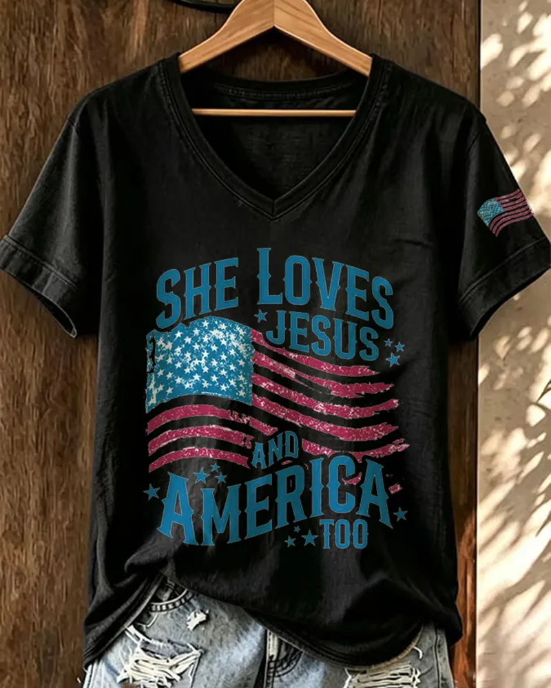 100% Cotton She Loves Jesus and America Too V Neck Short Sleeve Tshirt