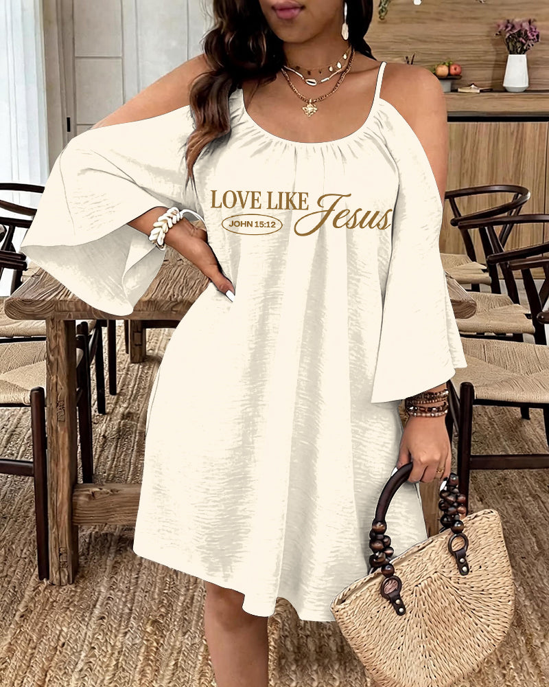 LOVE LIKE JESUS Scripture Print Strap Open-Shoulder Long Sleeve Dress