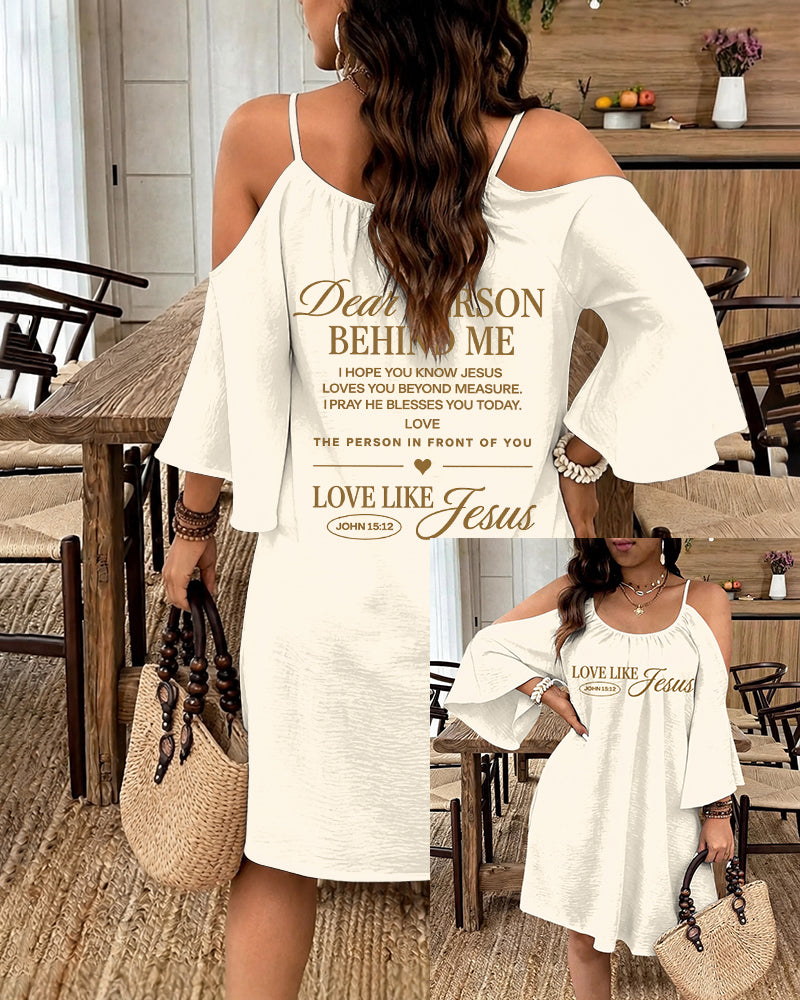 LOVE LIKE JESUS Scripture Print Strap Open-Shoulder Long Sleeve Dress