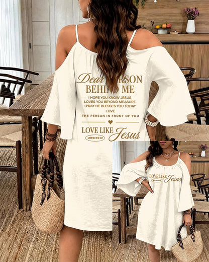 LOVE LIKE JESUS Scripture Print Strap Open-Shoulder Long Sleeve Dress