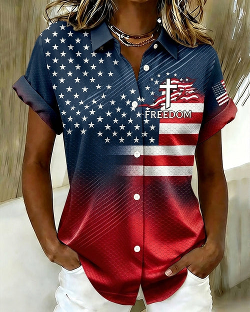 American Flag Free Print Lapel Button-Down Short-Sleeved Shirt