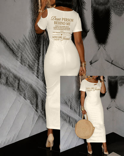LOVE LIKE JESUS Scripture Print Hollow Shoulder Bag Hip Short-sleeved Midi Dress