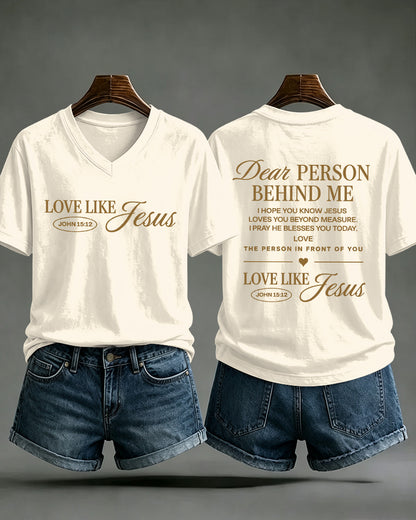 LOVE LIKE JESUS Scripture Print V-Neck Short Sleeve T-Shirt