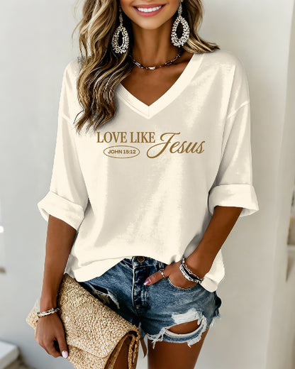 LOVE LIKE JESUS Scripture-Print V-Neck Three-Quarter-Sleeve Loose-Fit T-Shirt