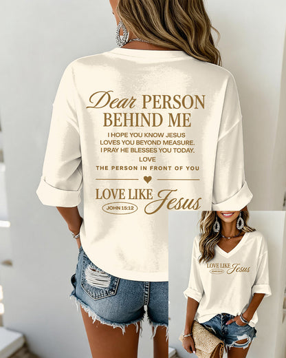 LOVE LIKE JESUS Scripture-Print V-Neck Three-Quarter-Sleeve Loose-Fit T-Shirt