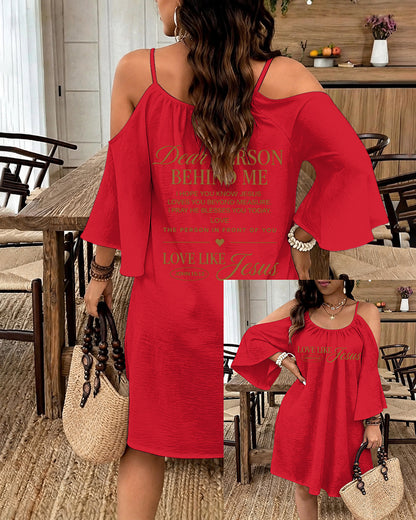 LOVE LIKE JESUS Scripture Print Strap Open-Shoulder Long Sleeve Dress