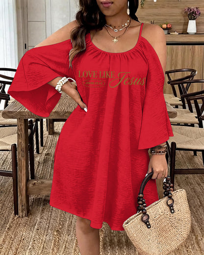 LOVE LIKE JESUS Scripture Print Strap Open-Shoulder Long Sleeve Dress