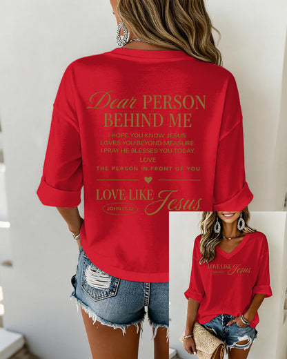 LOVE LIKE JESUS Scripture-Print V-Neck Three-Quarter-Sleeve Loose-Fit T-Shirt