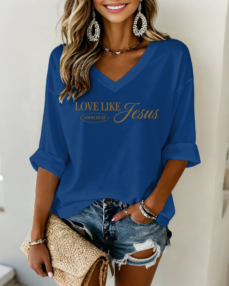 LOVE LIKE JESUS Scripture-Print V-Neck Three-Quarter-Sleeve Loose-Fit T-Shirt
