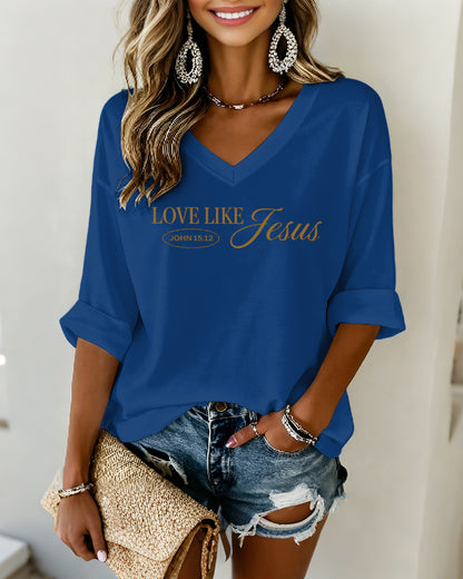 LOVE LIKE JESUS Scripture-Print V-Neck Three-Quarter-Sleeve Loose-Fit T-Shirt
