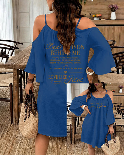 LOVE LIKE JESUS Scripture Print Strap Open-Shoulder Long Sleeve Dress