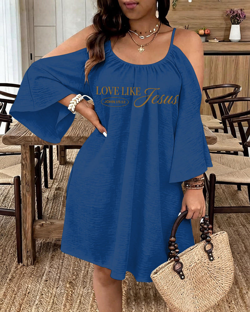 LOVE LIKE JESUS Scripture Print Strap Open-Shoulder Long Sleeve Dress