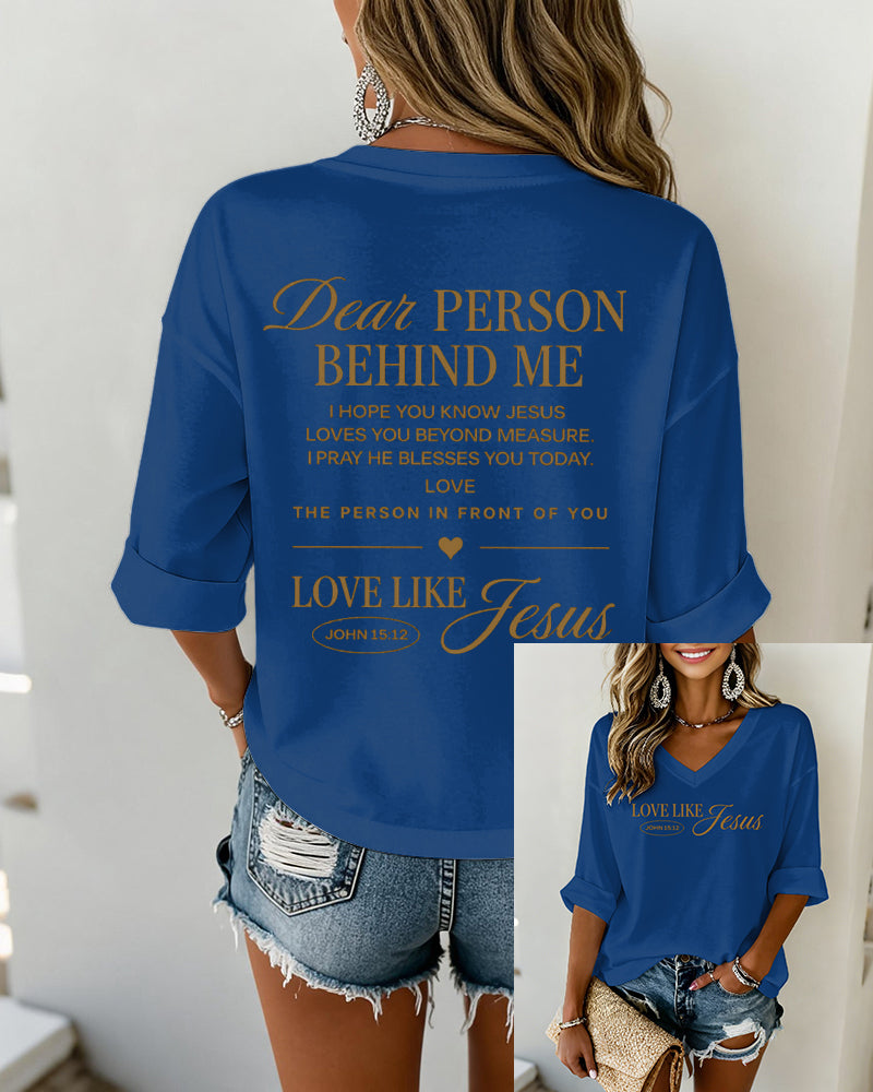 LOVE LIKE JESUS Scripture-Print V-Neck Three-Quarter-Sleeve Loose-Fit T-Shirt