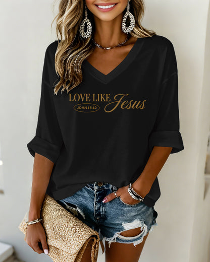 LOVE LIKE JESUS Scripture-Print V-Neck Three-Quarter-Sleeve Loose-Fit T-Shirt