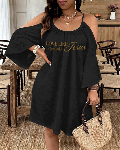 LOVE LIKE JESUS Scripture Print Strap Open-Shoulder Long Sleeve Dress