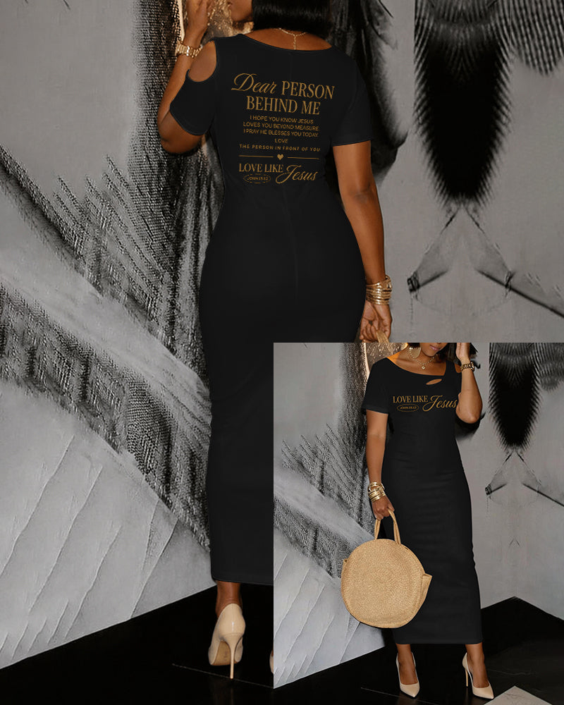 LOVE LIKE JESUS Scripture Print Hollow Shoulder Bag Hip Short-sleeved Midi Dress