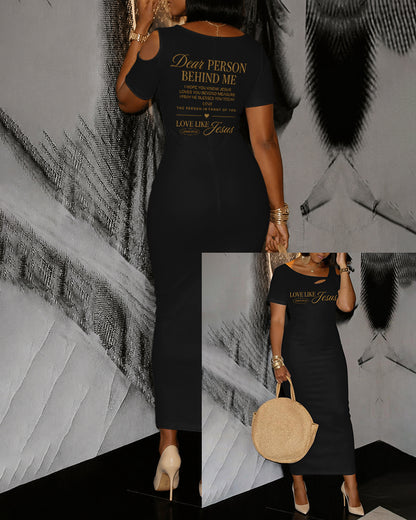 LOVE LIKE JESUS Scripture Print Hollow Shoulder Bag Hip Short-sleeved Midi Dress