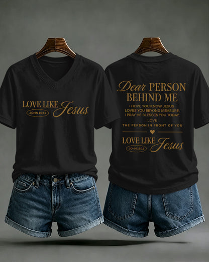 LOVE LIKE JESUS Scripture Print V-Neck Short Sleeve T-Shirt