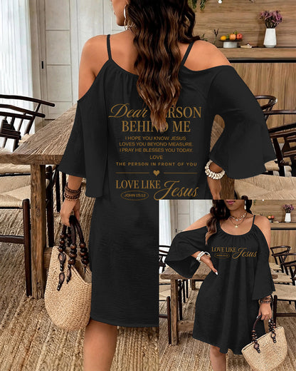 LOVE LIKE JESUS Scripture Print Strap Open-Shoulder Long Sleeve Dress