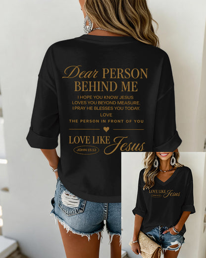 LOVE LIKE JESUS Scripture-Print V-Neck Three-Quarter-Sleeve Loose-Fit T-Shirt