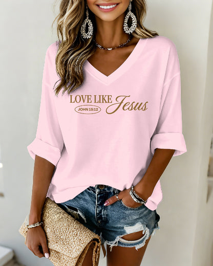 LOVE LIKE JESUS Scripture-Print V-Neck Three-Quarter-Sleeve Loose-Fit T-Shirt